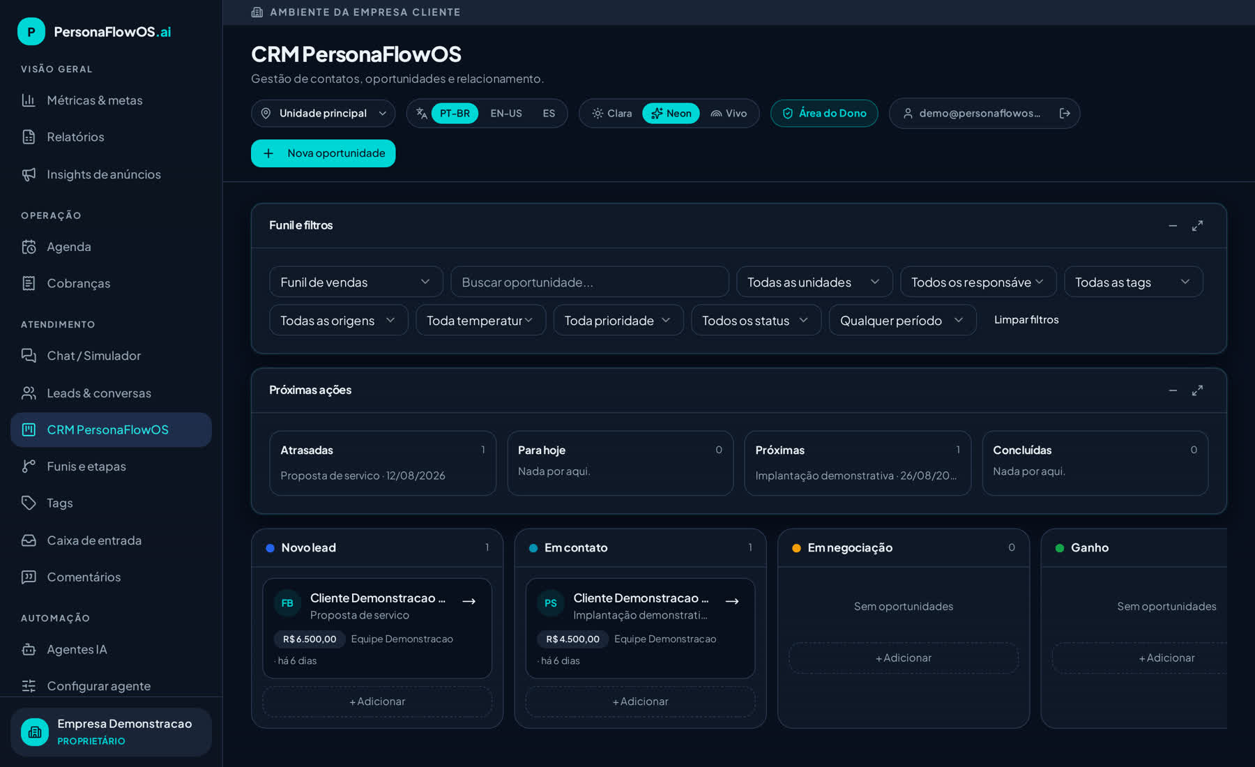 Captura da interface do PersonaFlowOS com dados fictícios de demonstração.